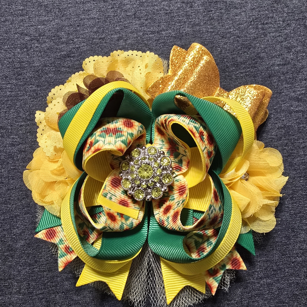 Colorful Hair Bow with Rhinestone Center
